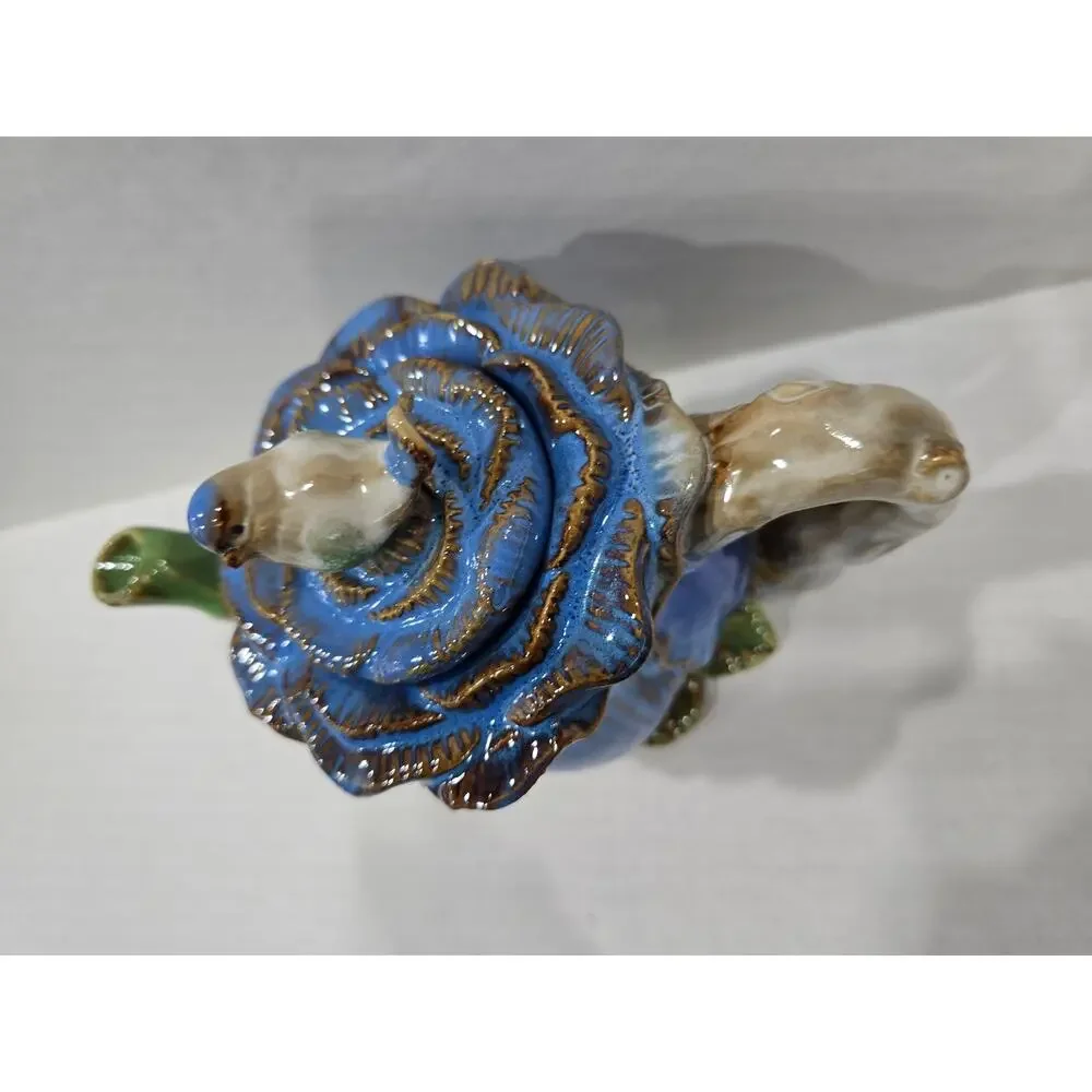 Majolica Style Cabbage Rose Bluebird Finial Ceramic Teapot Floral Decor